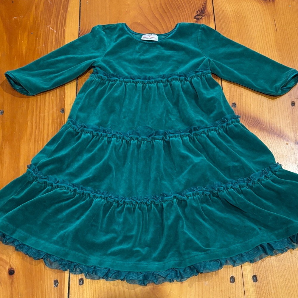 HANNA ANDERSSON 110 Green Velour Tulle Tiered Holiday Dress Twirl